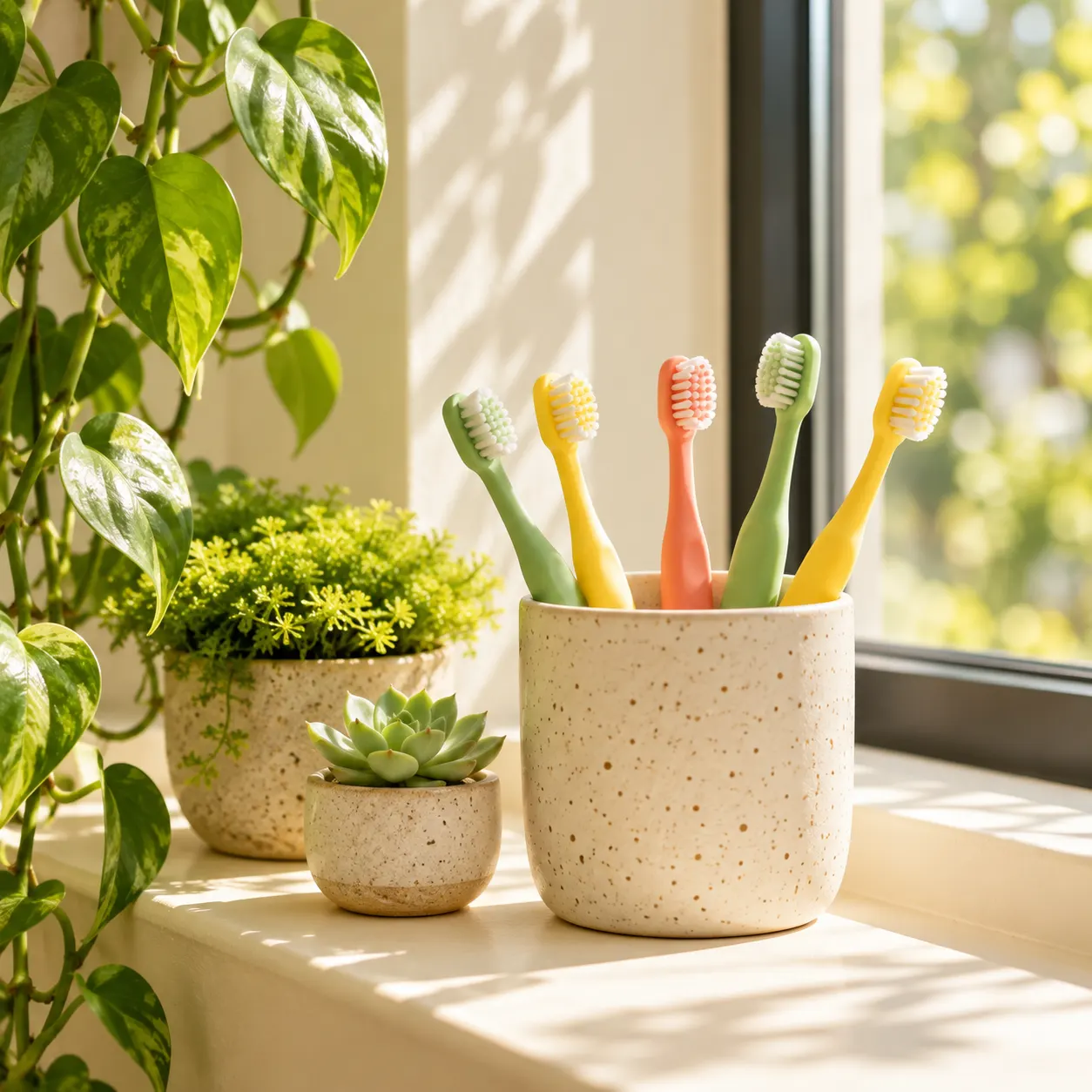 Colourful children's toothbrushes in a ceramic cup on a sunny windowsill next to a small plant