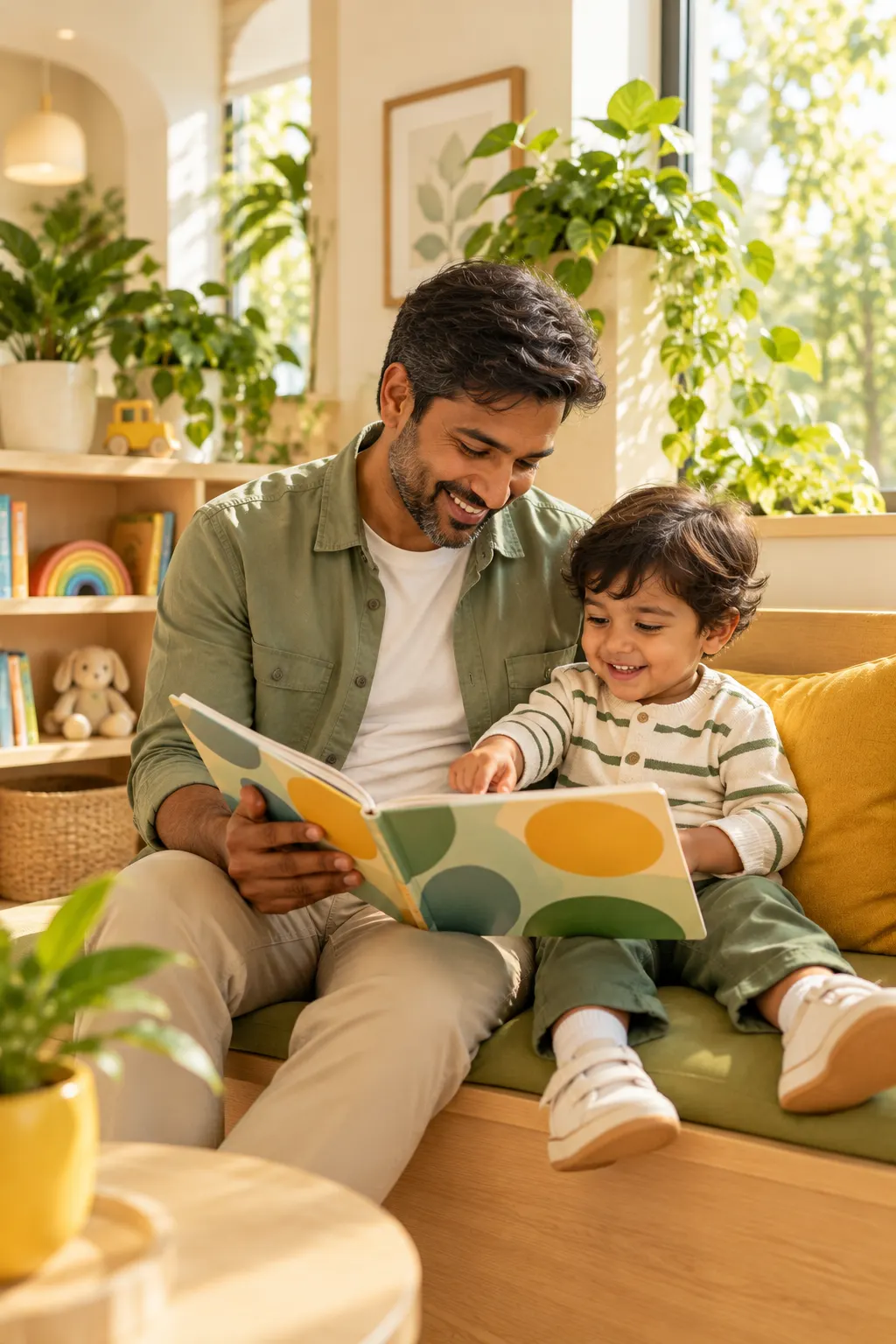A father reading a picture book to his toddler on a bench in the waiting area
