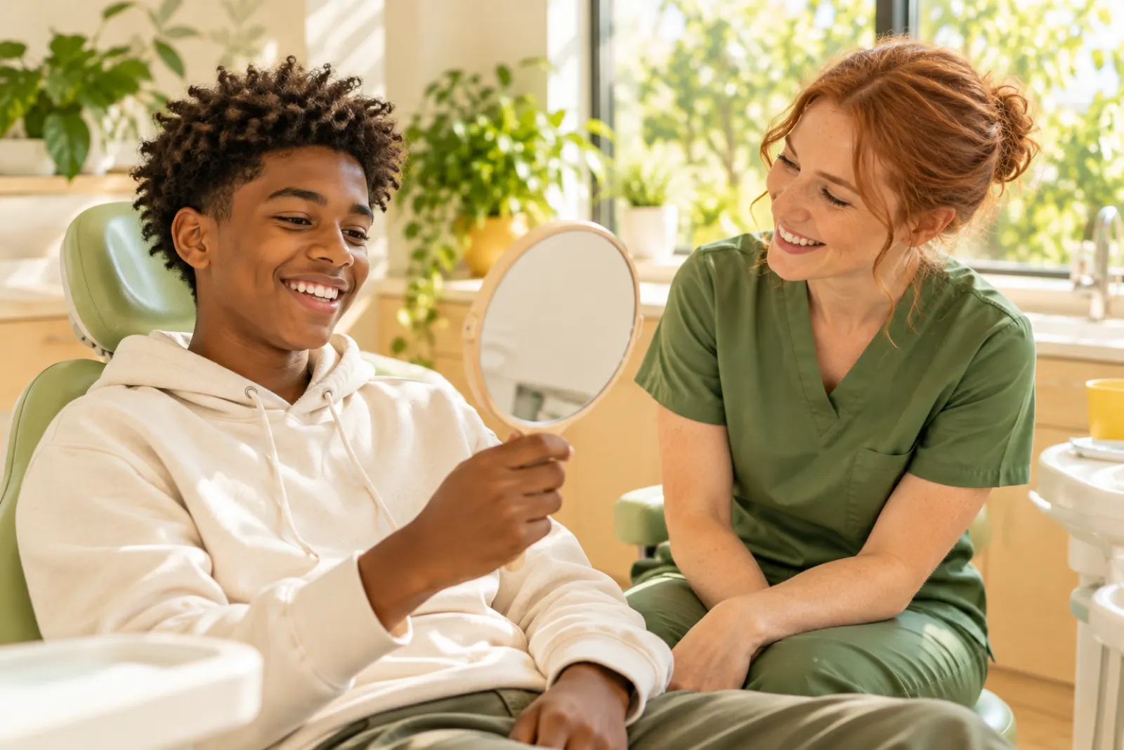 A hygienist talking with a smiling teenage patient who holds a hand mirror