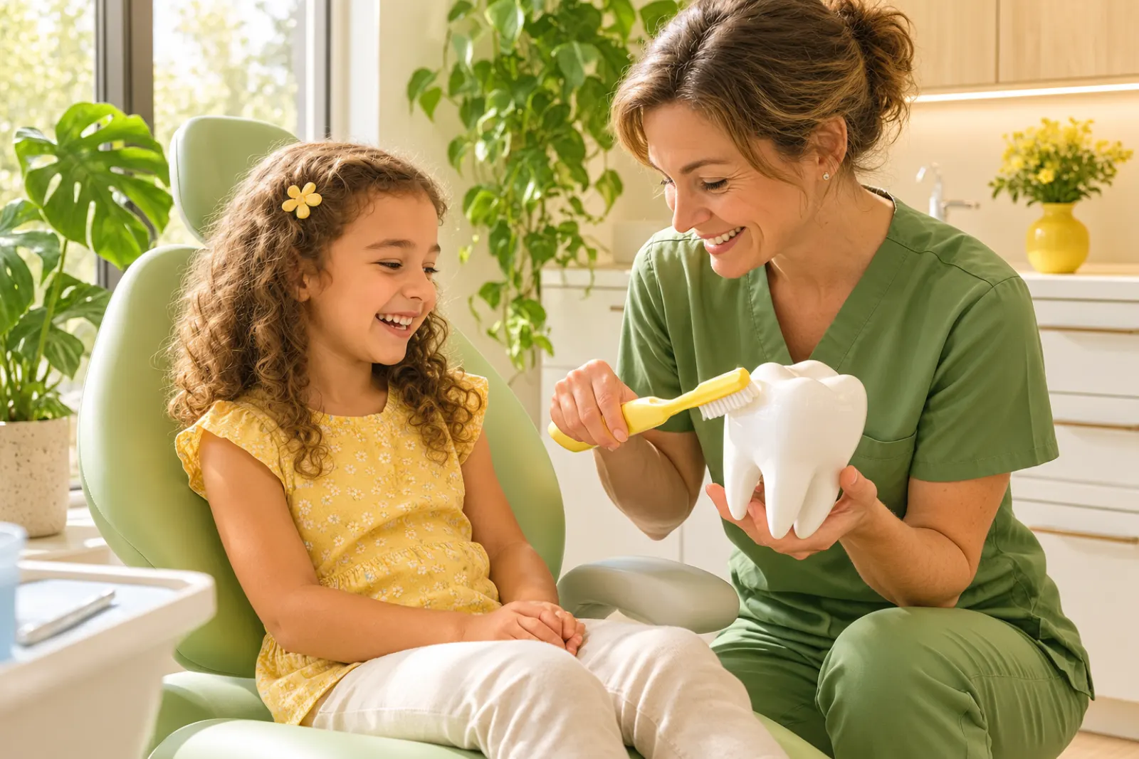 A girl laughing in the dental chair while her dentist shows her how to brush on a large tooth model