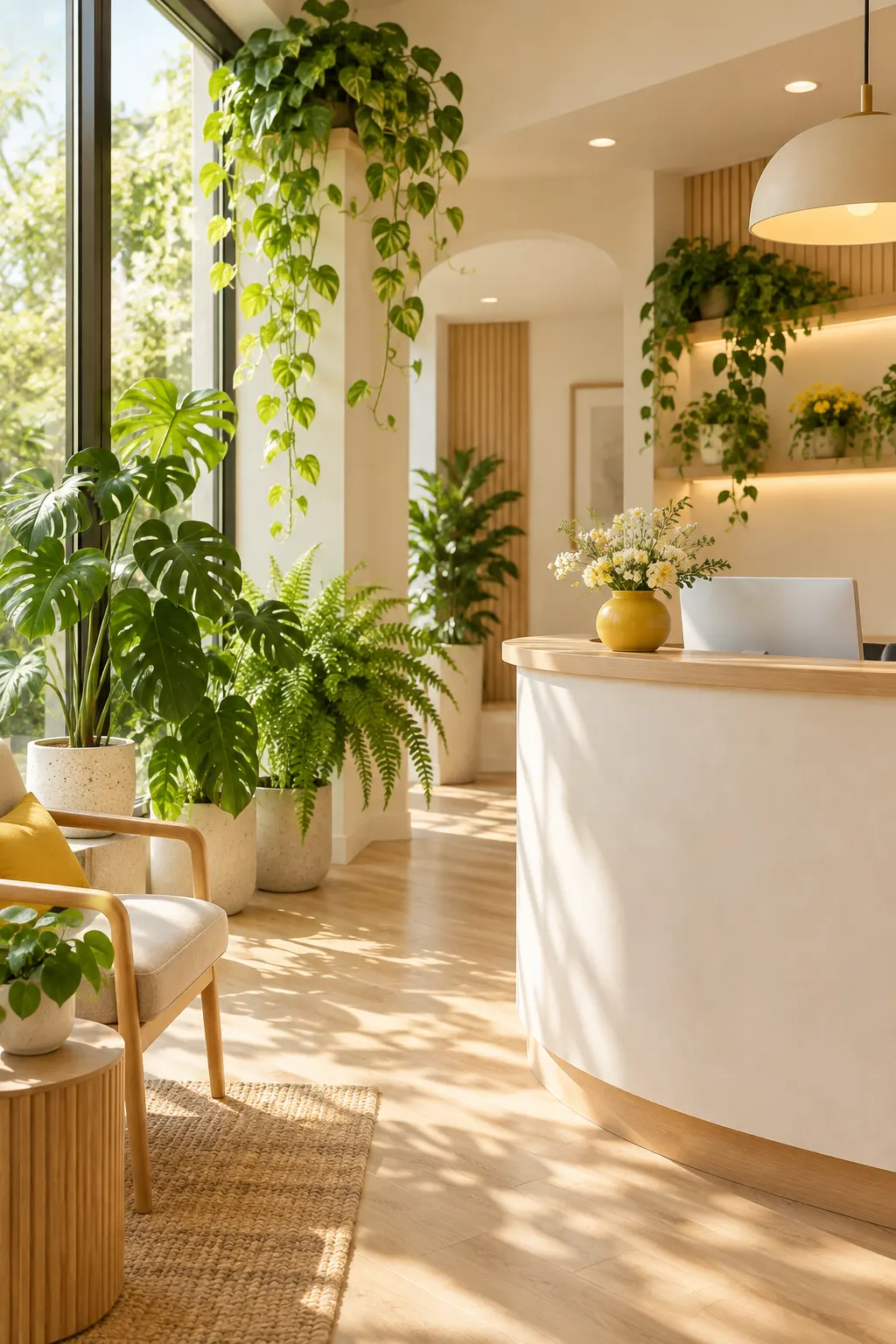 Sunlit reception of a family dental practice with leafy plants by a tall window