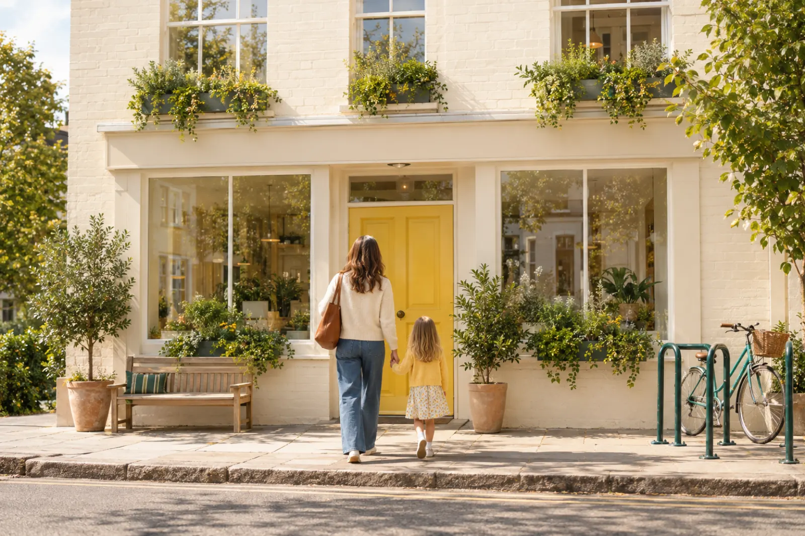 The front of a small high-street dental practice with a yellow door and window boxes of herbs