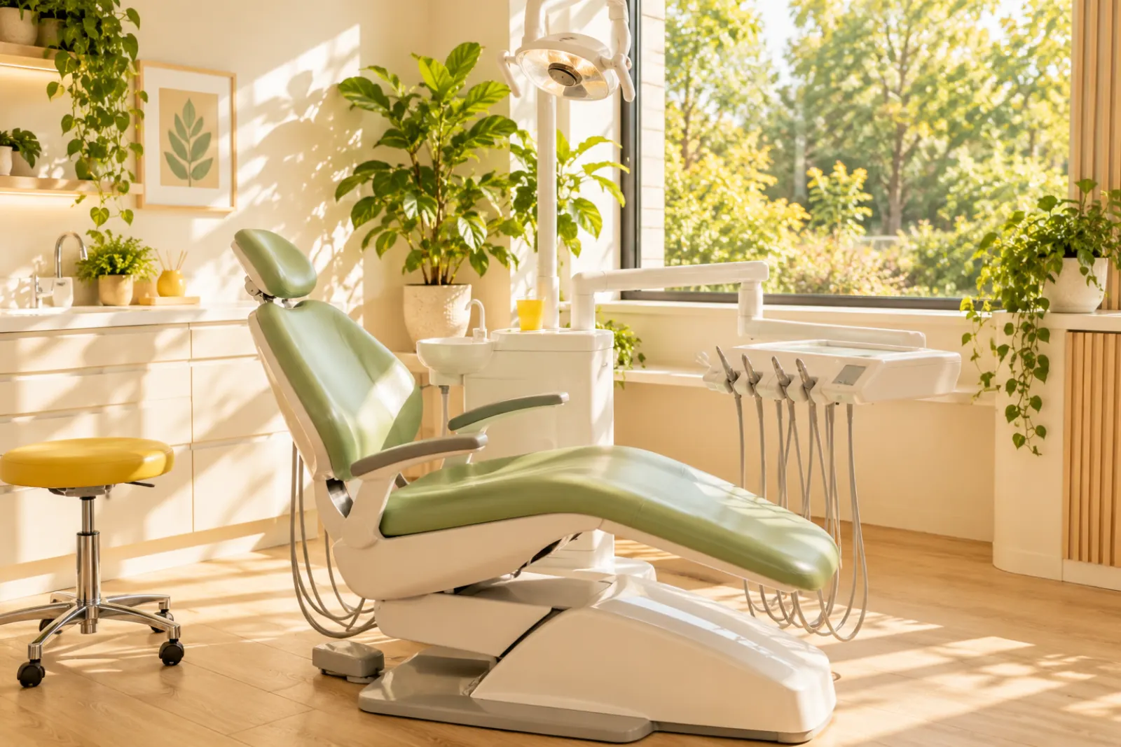 A bright treatment room with a pale green dental chair, a plant and a window onto a garden