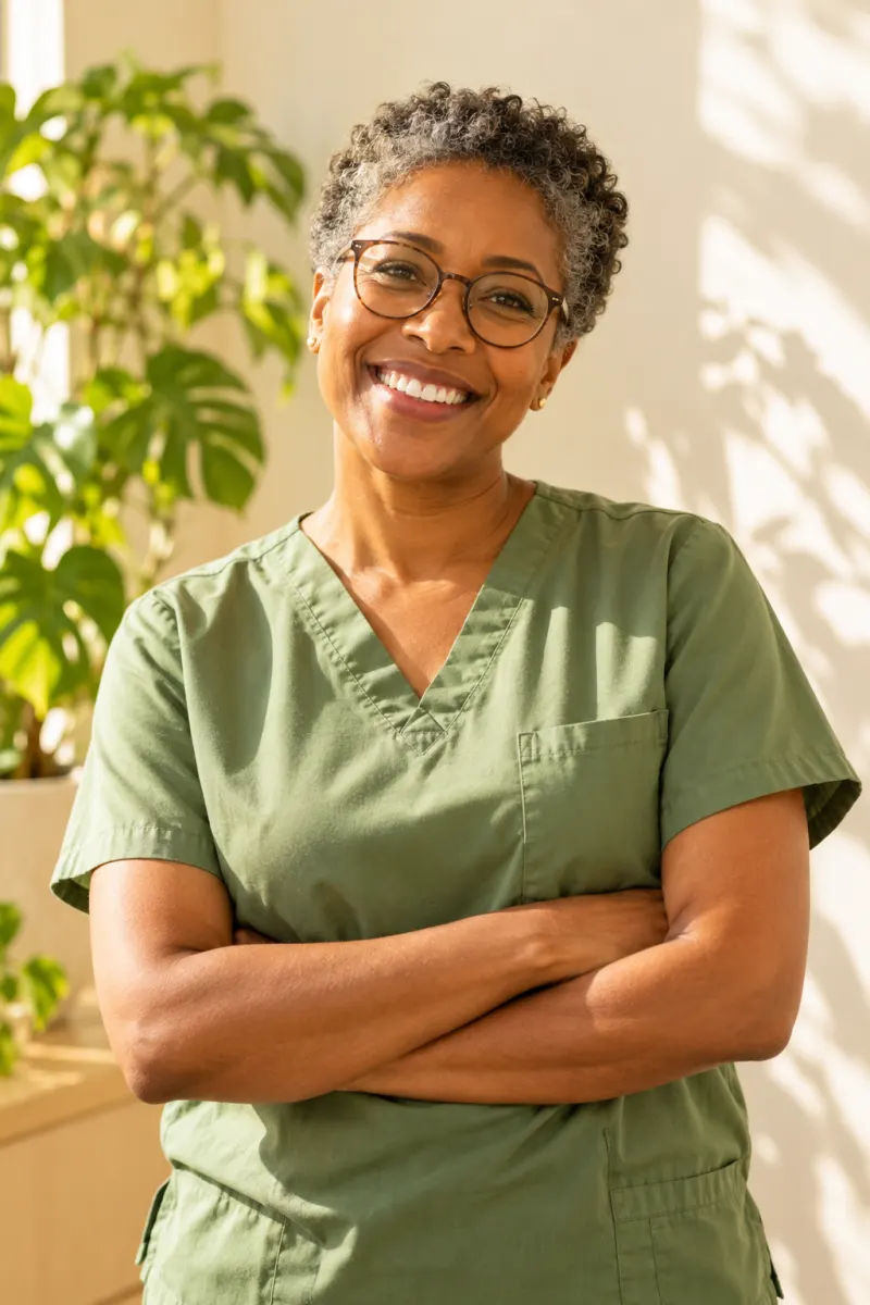 Portrait of Dr Ada Okonkwo-Hale, principal dentist, smiling with her arms loosely folded