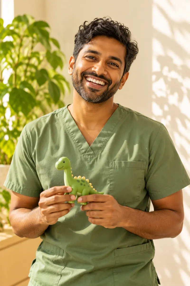 Portrait of Dr Ravi Menon, children's dentist, laughing and holding a small toy dinosaur